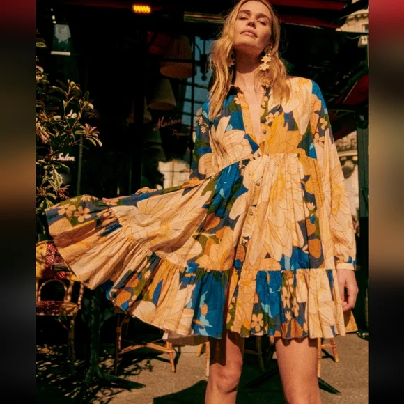 Sezane Hilma Long Sleeve Floral Dress - Blue and Yellow -Sezane X Farm Rio